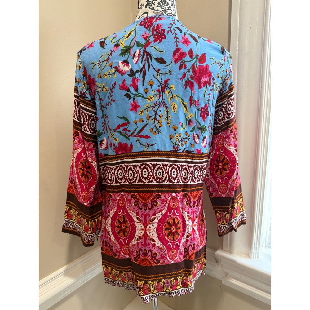 Aziza Womens Boho Floral Paisley Embroidered Tassel Tunic Top Blue Pink Size M - Picture 4 of 10